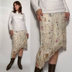 Vintage Y2K Real Silk ATOMIC Print Asymmetrical Skirt -- Small to Medium